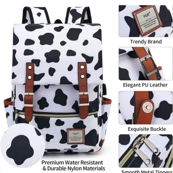 YGR Trendy Cow Print Laptop Backpack - Water Resistant Travel Bag - 25L - Picture 4 of 15